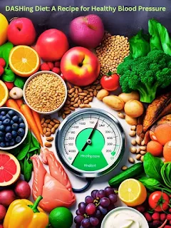 A digital illustration of a blood pressure gauge with a healthy reading surrounded by various whole foods like fruits, vegetables, whole grains, lean protein, and low-fat dairy, representing the dietary components recommended by the DASH diet for managing blood pressure.