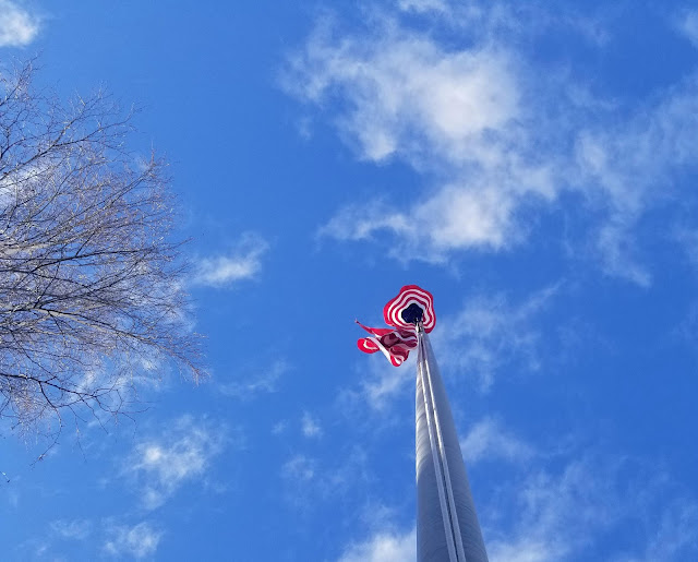 Beautiful American Flag up high with the pretty blue sky