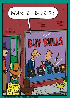 B-I-b-l-e-s not Buy Bulls written on shop window