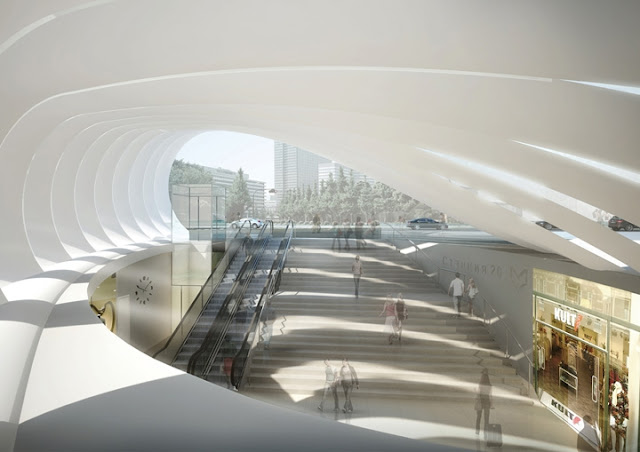 Photo of stairs down into the underground station as seen from the balcony inside