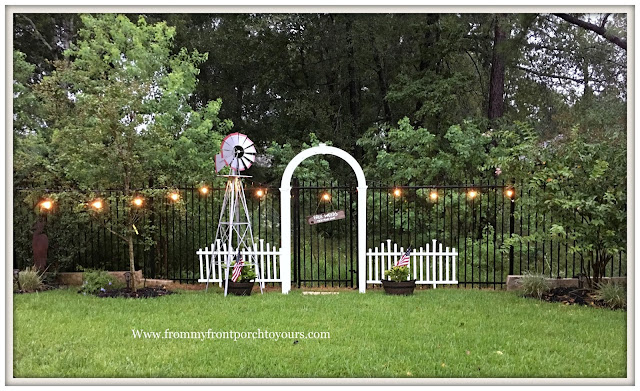 Backyard Landscape-Windmill-Cottage Garden-White picket fence-Farmhouse Style- White Garden Arbor-From My Front Porch To Yours