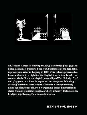 back cover to Hellwig's Conquest, A tactical Game Based on Chess book in black and white with blurb and sample images from inside Diluvian Enterprises 2023