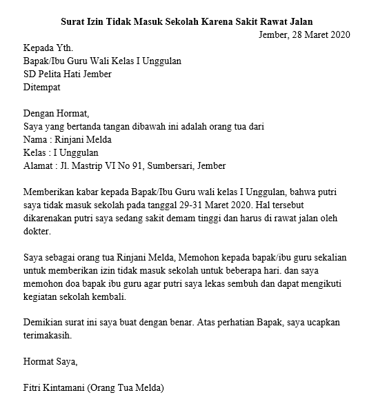 Contoh Surat Tidak Masuk Sekolah Nusagates