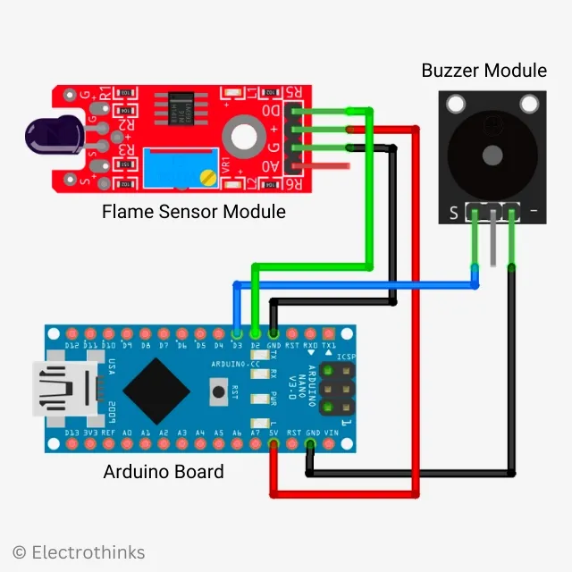Schematic of Interfacing IR Flame sensor with Arduino and Active Buzzer