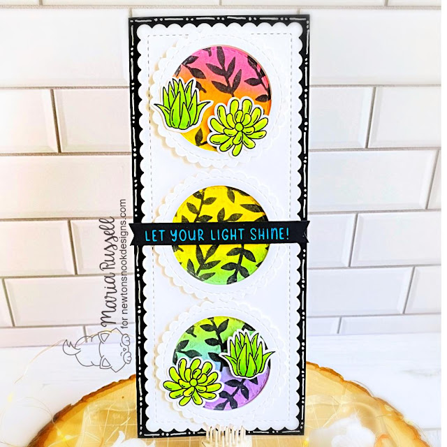 Plant Filled Slimline Card by Maria Russell | Succulent Garden Stamp Set, Trailing Leaves Stencil, Slimline Frames & Portholes Die Set and Circle Frames Die Set by Newton's Nook Designs #newtonsnook #handmade