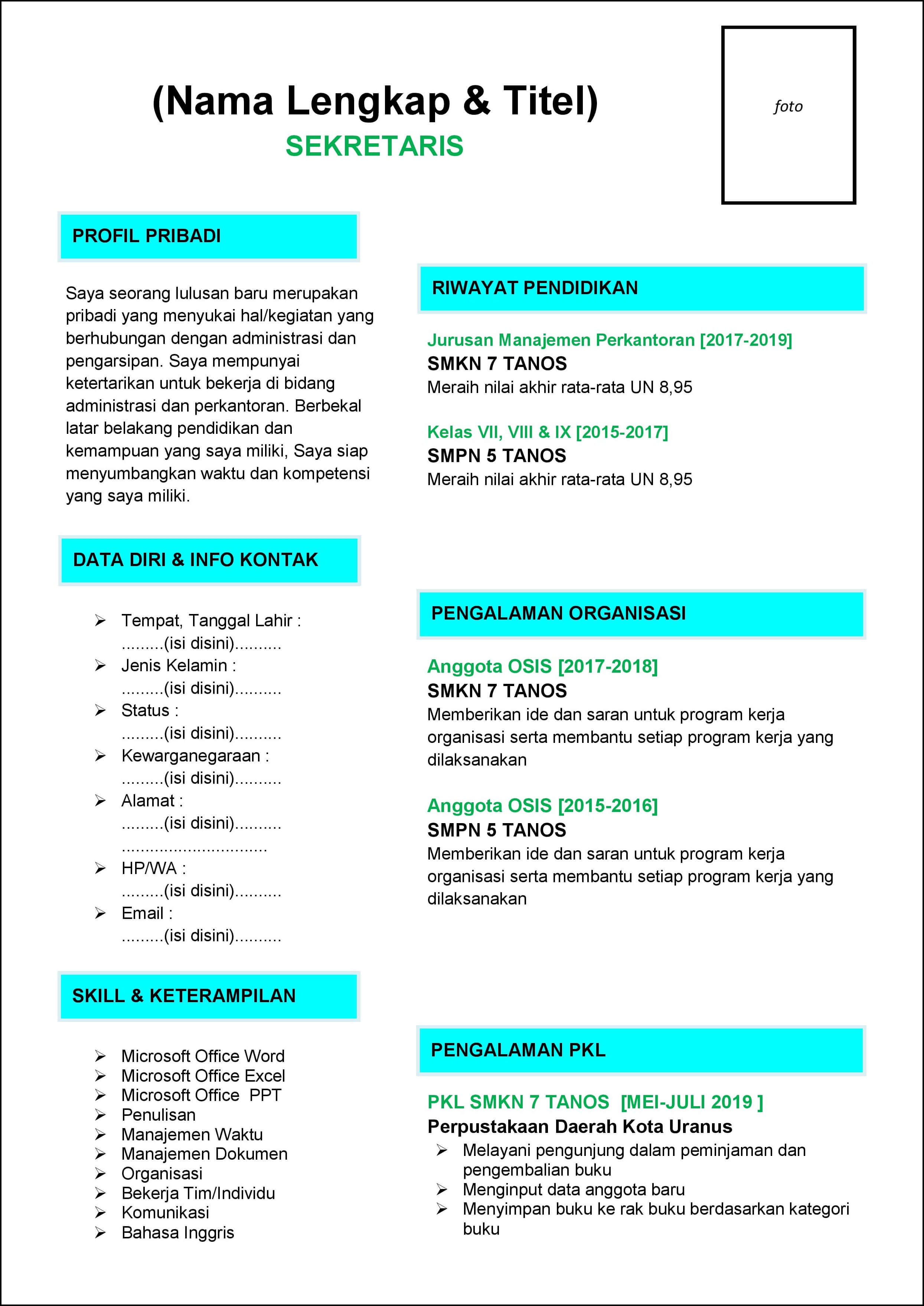 contoh 2 curriculum vitae (cv) Sekretaris lulusan SMA/SMK/MA/sederajat yang baru pertama kali melamar pekerjaan