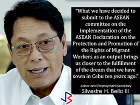 The leaders of the  Association of Southeast Asian Nations is about to create rules for the protection of migrant workers which includes thousands of Overseas Filipino Workers (OFWs)  Senior labor officials attending the Association of Southeast Asian Nations (ASEAN) Labor Ministers’ Retreat are preparing to finalize the draft instrument for the implementation of a Declaration to promote and protect migrant workers’ rights made 10 years ago.    “I have received word yesterday (Sunday) through a show of goodwill and a very open yet frank discussion, we have gained a significant stride on how to move the process forward to be able to meet the April 2017 deadline,” Labor Secretary Silvestre Bello III said. Mr. Bello clarified that there are still unresolved issues among the labor ministers, specifically on including the term “legally binding.”  Sec. Bello said that with some ASEAN member countries not yet ready to adopt the term, it was proposed that “morally-binding” be used instead.  The Declaration was signed on Jan. 13, 2007 during the 12th ASEAN Summit in Cebu City.  Sec. Bello urged his fellow ministers to keep a mindset that will help them complete their task of implementing the Declaration.   “Out of mutual respect, we always agree by consensus and once a consensus is reached, we ethically bind ourselves to implement and agree on a set of commitments.” he said.   Mr. Bello said that the instrument that is “meaningful to the everyday lives of ASEAN migrant workers.” should to contain provisions on the promotion and protection of migrant workers’ rights including “protection on working hours, exemption from the payment of terminal fees and recruitment fees” among others.         On May 17, 2016, in Vientiane, Laos, nine labour ministers of the Association of SouthEast Asian Nations (ASEAN), assembled in this capital city of Lao People’s Democratic Republic for their 24th biennial meeting, unanimously adopted the proposal of the Philippines to finalize by September 2016, at the earliest, or by April 2017, at the latest, the draft ASEAN instrument on the protection and promotion of the rights of migrant workers.  Nine years in the making since the issuance of the ASEAN’s Cebu Declaration, negotiations on the instrument has been deadlocked on four principle issues—the legal nature of the document, whether it is to be binding or not binding, and on the inclusion of migrants’ families and undocumented workers.  With this new development thousands of migrant workers will benefit from it. If this new rules will come into effect, the migrant workers will surely get peace of mind as well as the family back home.   Source: Business World Online RECOMMENDED:  BEFORE YOU GET MARRIED,BE AWARE OF THIS  ISRAEL TO HIRE HUNDREDS OF FILIPINOS FOR HOTEL JOBS  MALLS WITH OSSCO AND OTHER GOVERNMENT SERVICES  DOMESTIC ABUSE EXPOSED ON SOCIAL MEDIA  HSW IN KUWAIT: NO SALARY FOR 9 YEARS  DEATH COMPENSATION FOR SAUDI EXPATS  ON JAKATIA PAWA'S EXECUTION: "WE DID EVERYTHING.." -DFA  BELLO ASSURES DECISION ON MORATORIUM MAY COME OUT ANYTIME SOON  SEN. JOEL VILLANUEVA  SUPPORTS DEPLOYMENT BAN ON HSWS IN KUWAIT  AT LEAST 71 OFWS ON DEATH ROW ABROAD  DEPLOYMENT MORATORIUM, NOW! -OFW GROUPS  BE CAREFUL HOW YOU TREAT YOUR HSWS  PRESIDENT DUTERTE WILL VISIT UAE AND KSA, HERE'S WHY  MANPOWER AGENCIES AND RECRUITMENT COMPANIES TO BE HIT DIRECTLY BY HSW DEPLOYMENT MORATORIUM IN KUWAIT  UAE TO START IMPLEMENTING 5%VAT STARTING 2018  REMEMBER THIS 7 THINGS IF YOU ARE APPLYING FOR HOUSEKEEPING JOB IN JAPAN  KENYA , THE LEAST TOXIC COUNTRY IN THE WORLD; SAUDI ARABIA, MOST TOXIC  "JUNIOR CITIZEN "  BILL TO BENEFIT POOR FAMILIES