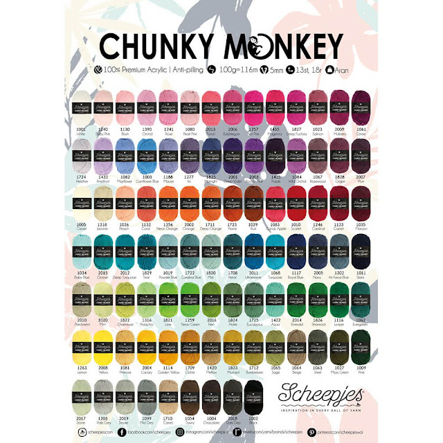 Scheepjes Chunky Monkey yarn in 93 colors; 100% acrylic anti-pilling worsted/aran yarn