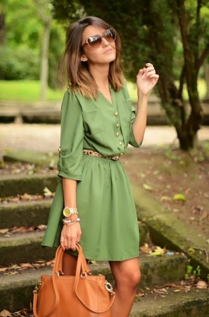 Beautiful 3/4 sleeve green pocket dress fashion trend