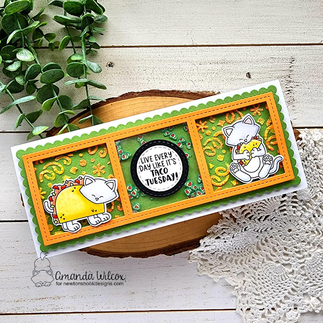 Taco Cat Shaker Card by Amanda Wilcox | Newton Loves Tacos Stamp Set, Confetti Stencil and Slimline Die Sets by Newton’s Nook Designs #newtonsnook