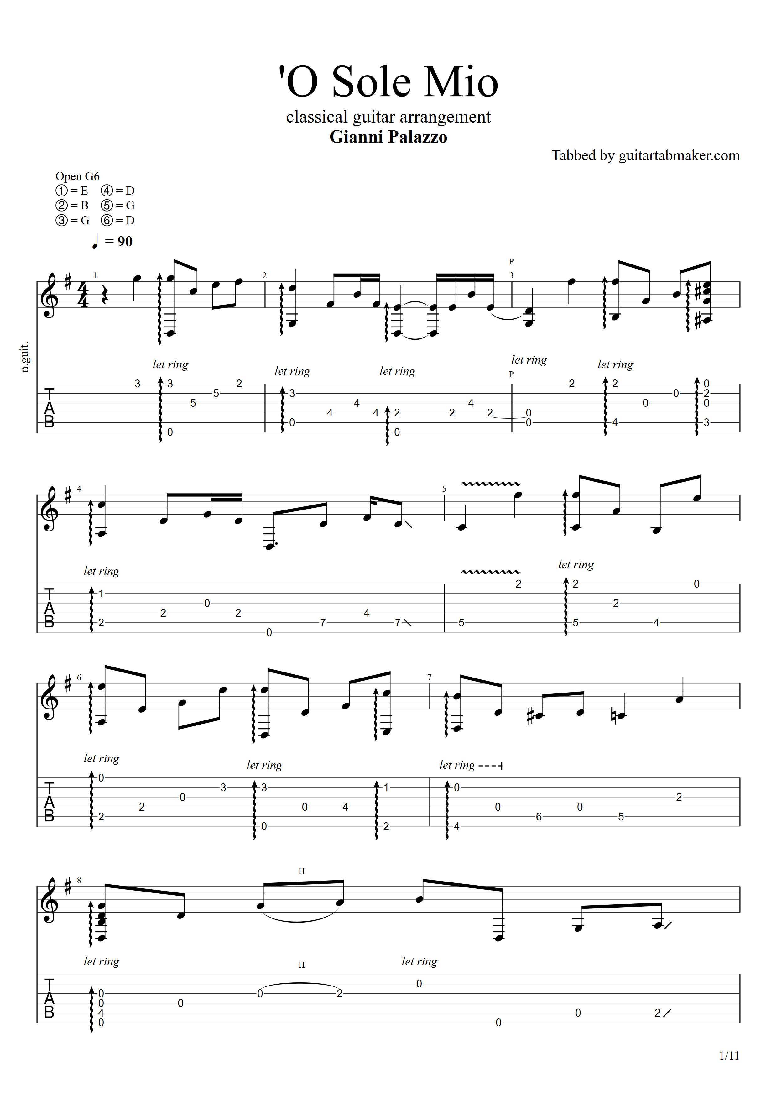 O Sole Mio classical guitar TAB