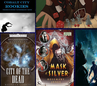 Collage of book covers of novels written by Rosemary Jones with cover shown for City of the Dead and elements of Cobalt City Rookies containing the novella Wrecker of Engines by Jones and the nonfiction anthology Chicks Dig Gaming