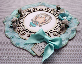 Shabby chic card using girl with coffee (image from The Greeting Farm) and embellishments from The Ribbon Girl