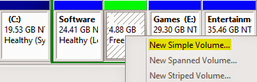 Creating New Volumes by Disk Managment