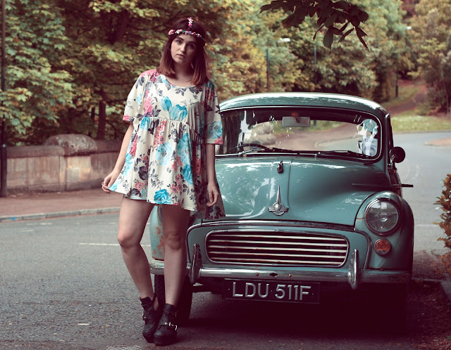 morris minor vintage car, hippy inspired vintage look, floral miss guided dress, perfect festival wear, styled with a hippy bohemian flower head chain.
