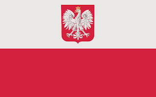 The flag of Poland, consisting of two wide horizontal stripes with the Polish coat of arms in the top stripe. The top stripe is white and the bottom stripe is red. The coat of arms includes a white eagle with a gold crown on a red shield.
