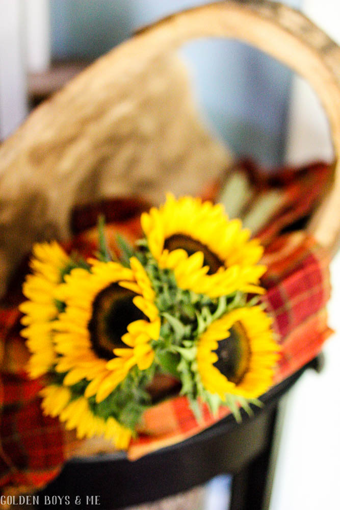 Split log basket with sunflowers as fall decor - www.goldenboysandme.com