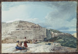 View of a Cliff and an Ancient Dwelling in the North of Malta by Jean-Pierre-Laurent Houel - Landscape Drawings from Hermitage Museum