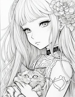 gorgeous girl and cat ink drawing coloring page