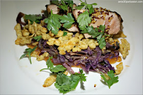 Vanilla Brined Pork Loin: Pan fried spätzle, sautéed cabbage, apple butter, pickled mustard seeds