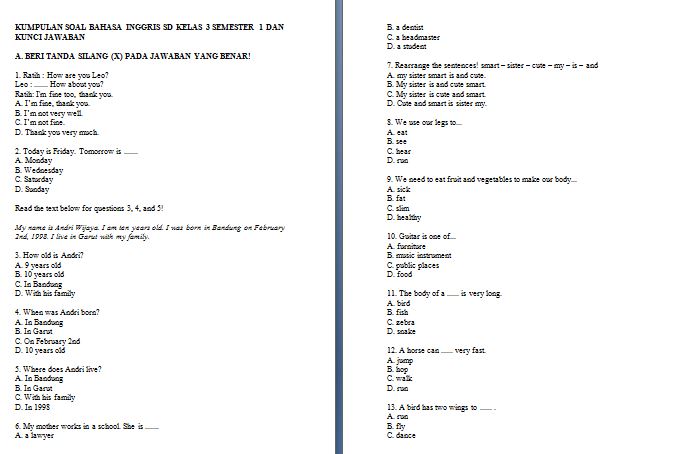 Soal Bahasa Inggris Kelas 3 Sd Semester 1