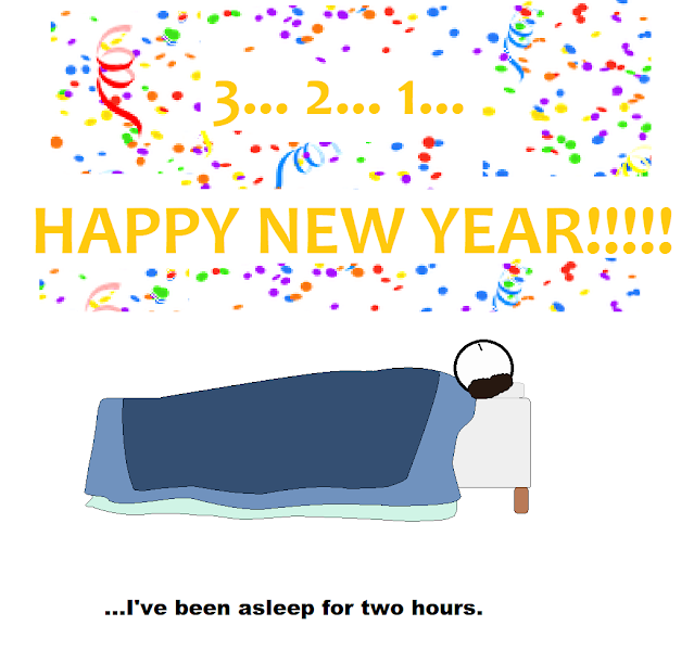 I’m sleeping in bed; up above is “3… 2… 1…” then below that is “Happy New Year!” and underneath the picture “…I’ve been asleep for two hours.”