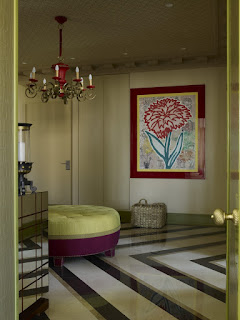 Gorgeous Moscow Apartment Space with Red Chandelier, Big Rounded Purple Sofa and Flower Painting on the Wall