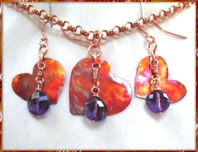 Copper Hearts and Amethyst Jewelry Set with Necklace & Earrings