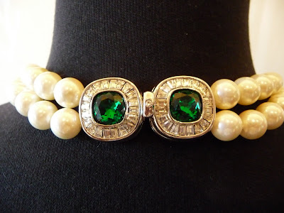 Judith Leiber costume jewelry pearl necklace with Deco "emerald" clasp, c.