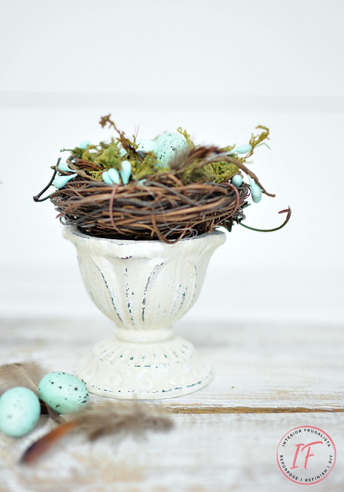 Farmhouse Spring Nest Decor on a budget with upcycled succulent pots and dollar store bird nest florals. A quick and easy Spring decor idea.