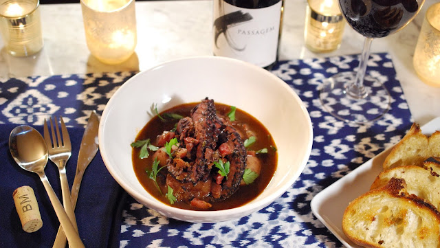 Spiced Wine Braised Octopus with Passagem Douro Reserva wine.