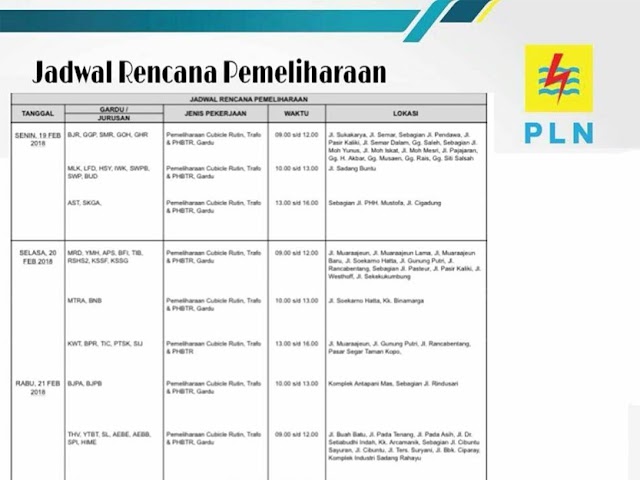 Jadwal Pemeliharaan Listrik Area Bandung  19, 20, 21 Februari 2018