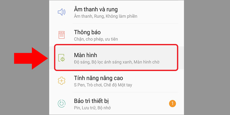 Chọn mục Màn hình trong phần cài đặt