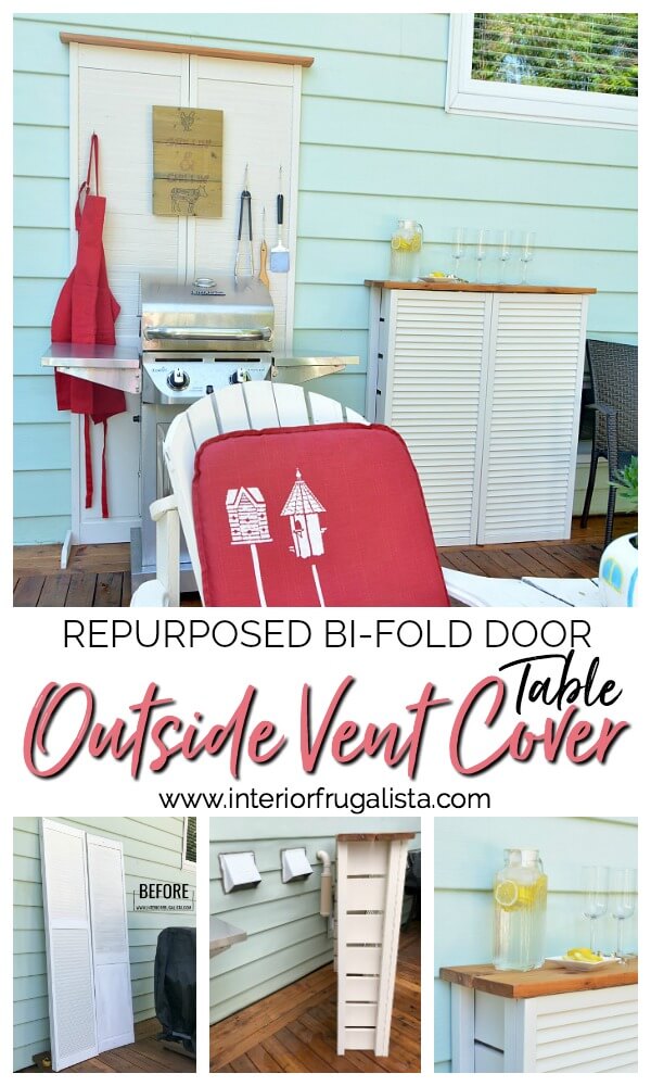 How to hide unsightly outdoor house vents with repurposed wooden louvered bifold doors into a DIY outdoor bar table plus BBQ grilling utensil holder. #houseventcover #diyoutdoorfurniture #repurposedbifolddoor #repurposedlouvereddoor #diyoutdoorbartable