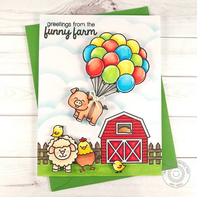 Sunny Studio Stamps: Barnyard Buddies Funny Farm Bouquet Of Balloons Card by Amy Yang