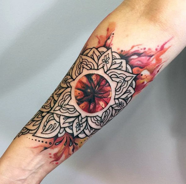 attractive forearm tattoo ideas linework and black ink work mandala with watercolor tattoo designs