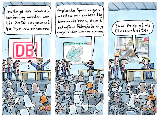 Bahn, Schienennetz, Ausbau, Bahnhof, Strecke, Reisende, Bahnfahrer, Passagiere, Gleis, Gleisarbeiter, erneuern, Erneuerung, WamS, Welt, Cartoon, Comic, Rürup