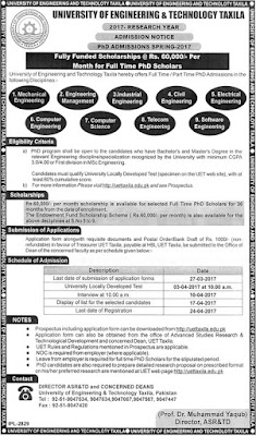 UET Taxila PhD Admissions 2017