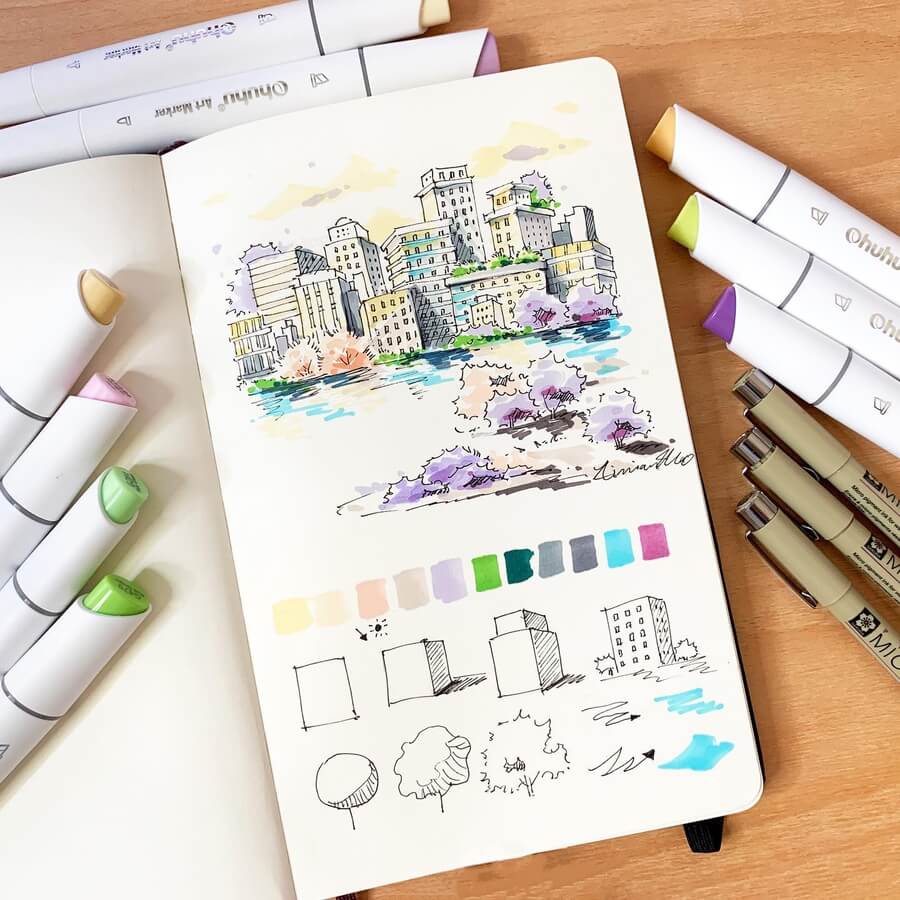 10-The-city-skylight-Tutorial-Sketchbook-Drawings-Aimian-www-designstack-co