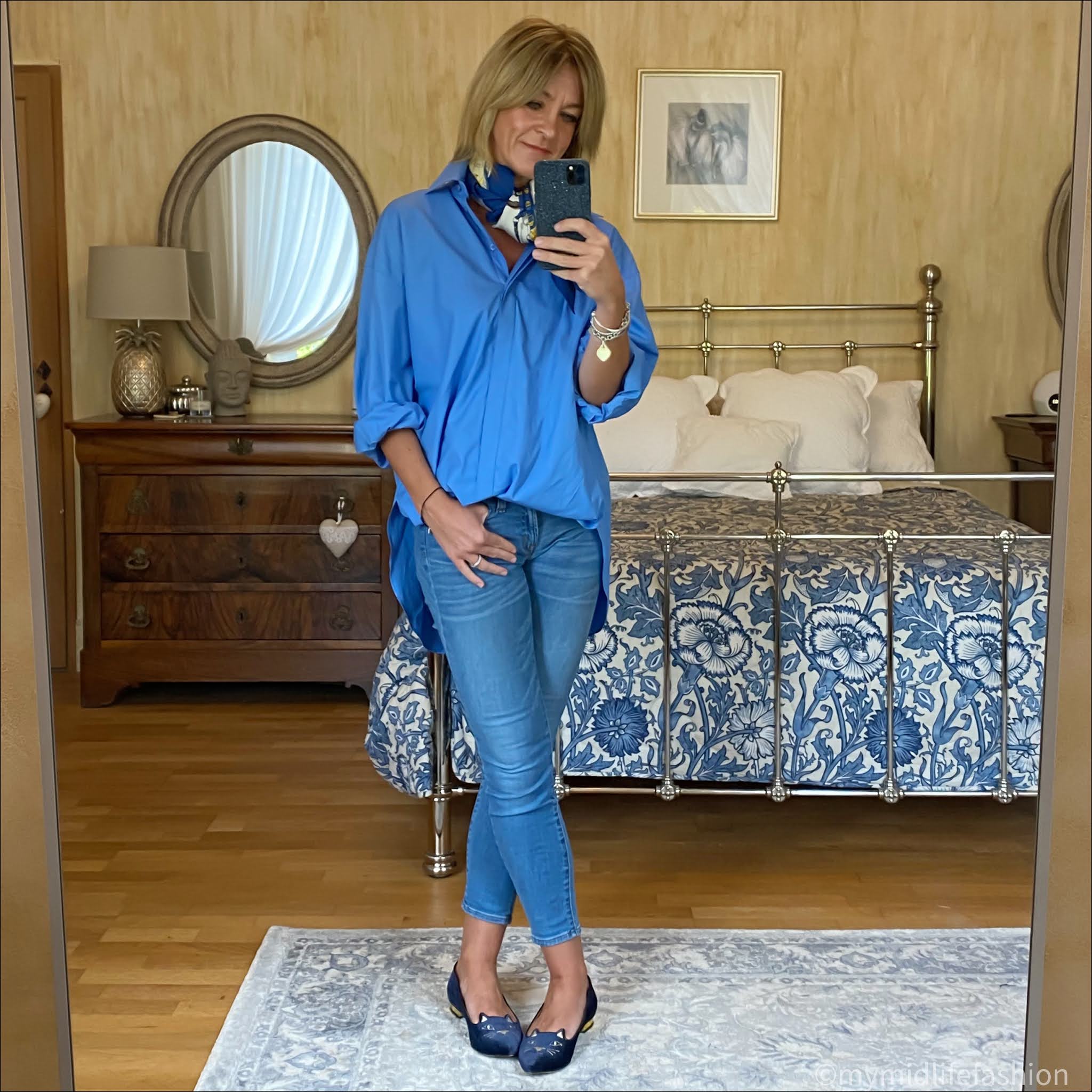 my midlife fashion, zara poplin shirt, Hermes silk scarf, j crew 8 inch toothpick jeans, Charlotte Olympia kitty face velvet flats