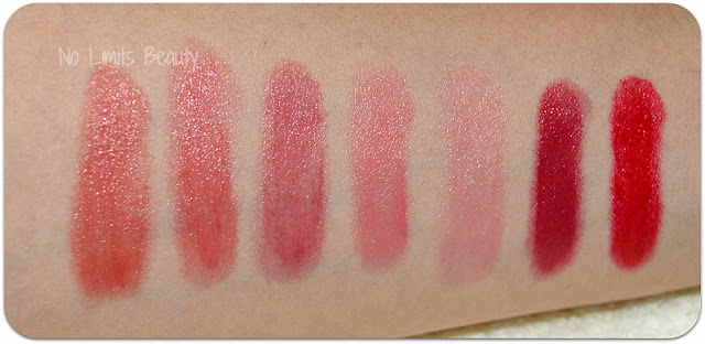 Mis Chubby Sticks de Clinique: swatches. De izq. a der.:  04 mega melon, 05 chunky cherry, 07 super strawberry, 14 curvy candy, 01 poppin' poppy, 06 roomiest rose, 03 mightiest maraschino.