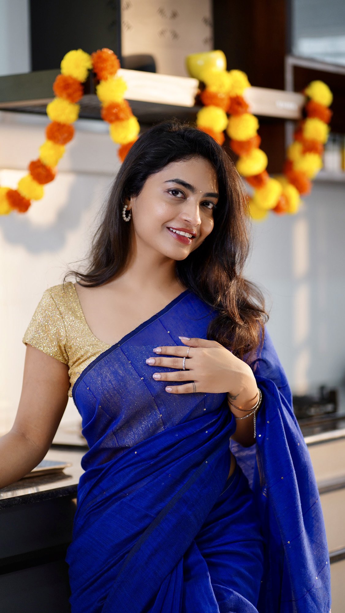 Alekhya Harika Blue Saree Navel