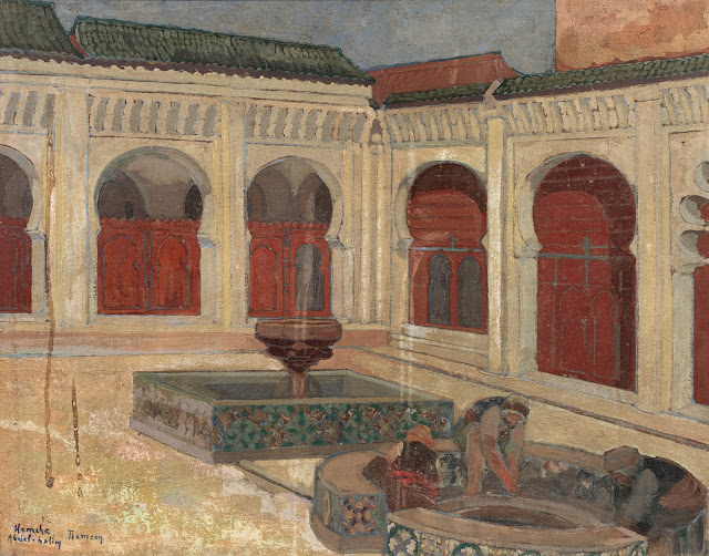 Cour intérieur et bassin des ablutions de la Grande Mosquée, Tlemcen -  Abdelhalim Hemche (Algérien - 1908-1979) - Huile sur panneau - 51 x 64 cm