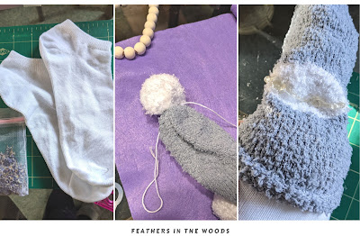 Lavender aromatherapy gnome project using white cotton socks for body and fuzzy sock hat