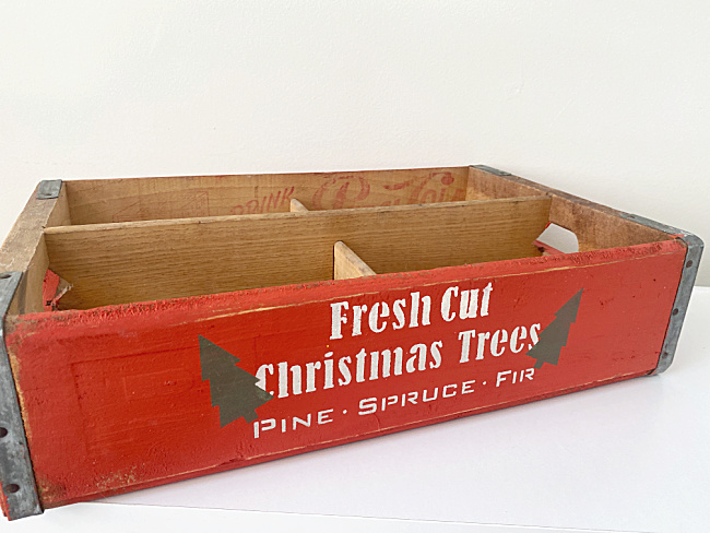 fresh cut Christmas tree stenciled crate