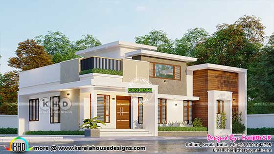 Exterior view of a cute and budget-friendly 1300 Sq. Ft. modern flat roof 2 BHK house with wooden-like texture on show wall