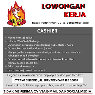 Loker Gurame Gila posisi sebagai Cashier Suryakencana Bogor