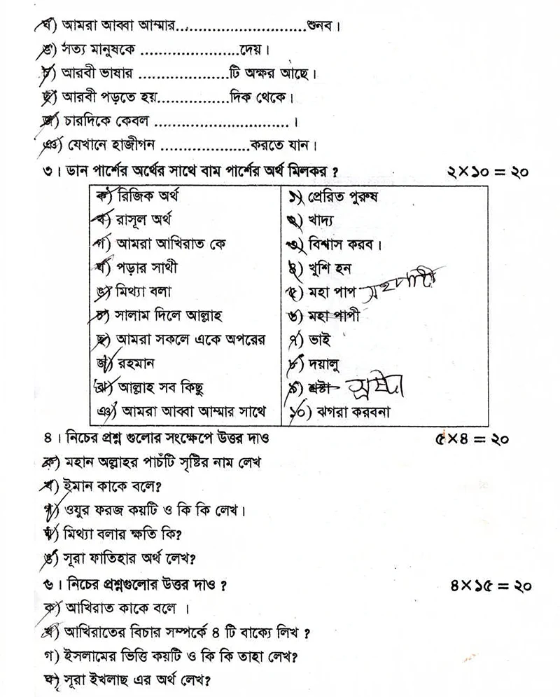 তৃতীয় শ্রেণির - বার্ষিক পরীক্ষা -বিষয় - ইসলাম ও নৈতিক শিক্ষা Class III – Annual Examination – Subject – Islam and Moral Education