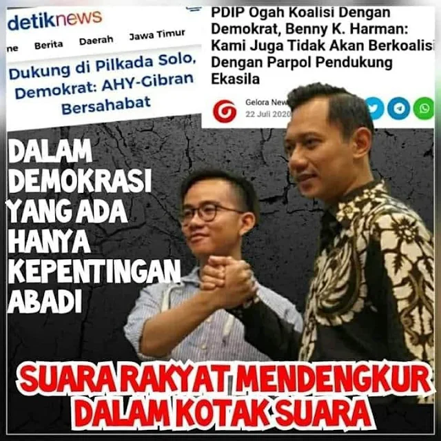 Jika menolak Gibran atas dasar politik Dinasti, memangnya SBY tak mempersiapkan itu atas AHY ? Memangnya hubungan Puan Maharani dan Megawati itu cuma tetangga Rumah ? Memangnya, putri Ma'ruf Amien mau ikut Pilkada Tangsel tanpa Restu sang ayah ? Memangnya, Dafe Laksono itu bukan putra Agung Laksono ? Dan seterusnya.