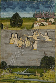 Women Bathing in a Lake - 18th Century Mughal Painting